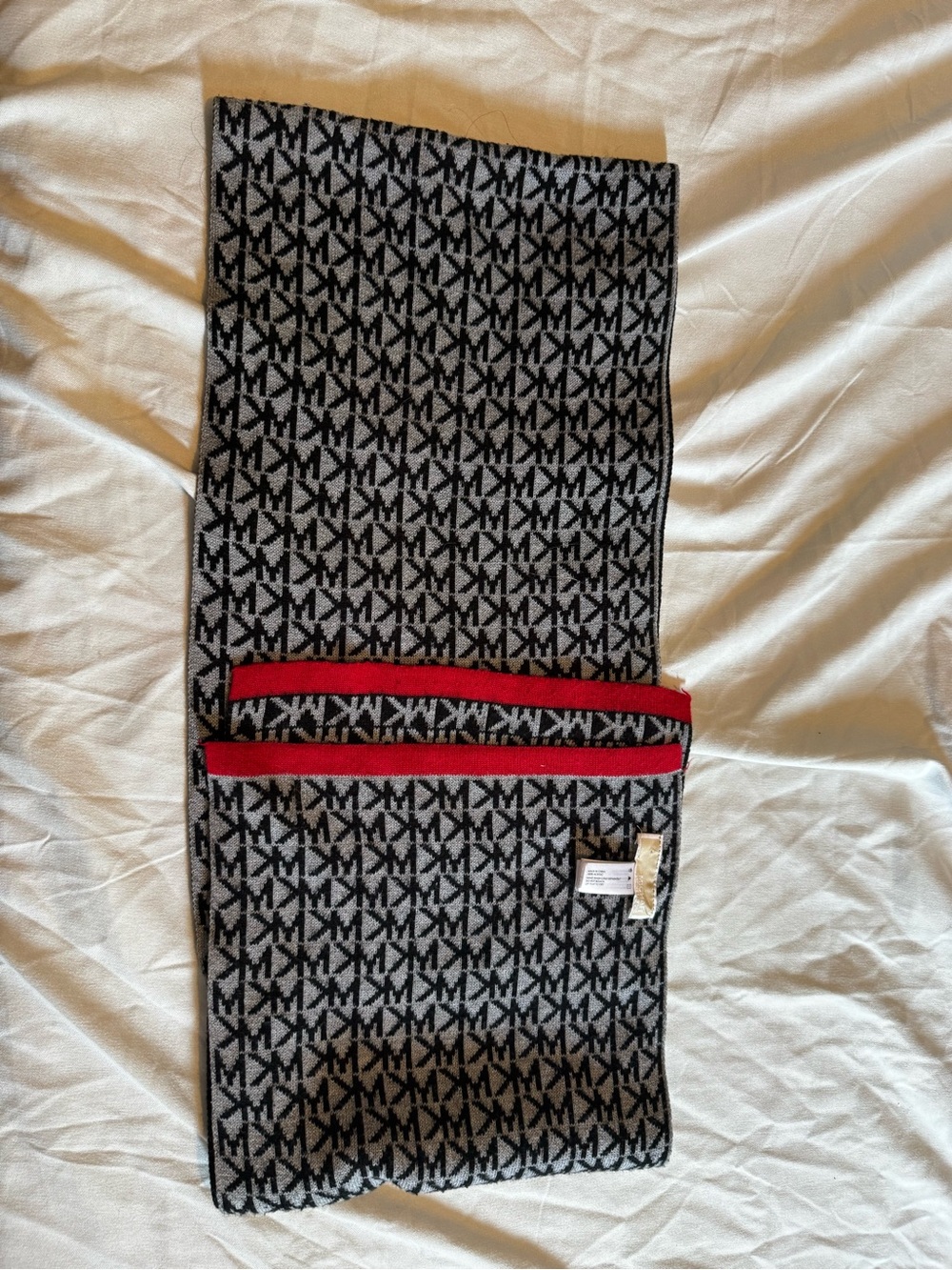 MK Logo Knit Scarf with Red Trim